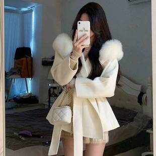 白色双面羊绒大衣女冬季高级感仿狐狸毛领斗篷小个子毛呢外套