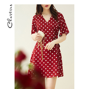 小个子法式茶歇裙2021夏裙子(夏裙子)v领红色，短款波点雪纺连衣裙女