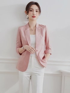 粉色亚麻小西装外套女夏薄款修身高端七分袖，棉麻短款休闲西服上衣