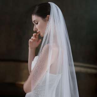 V870法式新娘头纱 超仙复古烫钻3米长款拖尾婚礼旅拍主婚纱头饰品