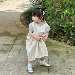 韩国童装女童连衣裙2024夏装，洋气叠穿白色无袖背心，裙儿童半袖衬衫