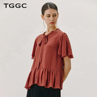 TGGC/台绣女士衬衫2024夏季蓬蓬短袖上衣两件套清凉修身衬衣