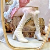 PINKYO原创 法式羽毛长筒骑士靴女2023春秋款不过膝高跟瘦瘦靴子
