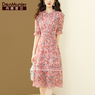 丹慕妮尔法式优雅印花雪纺连衣裙女夏季气质收腰中长裙子