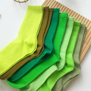 绿色袜子女春秋季糖果色高帮中筒棉袜日系ins潮少女堆堆袜运动袜
