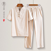 中国风夏季亚麻套装两件套男士棉麻短袖T恤大码九分裤宽松休闲裤