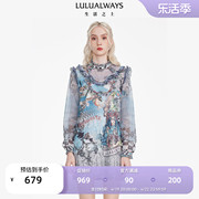 LULUALWAYS商场同款蓝色网纱印花法式复古宫廷风直身连衣裙