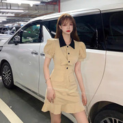 2022夏季韩版法式复古撞色领鱼尾裙修身显瘦泡泡袖连衣裙女装