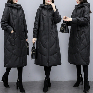 2023韩版时尚洋气加厚保暖外套大码中长款过膝黑色，皮羽绒服女