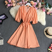 1947#秋季韩版收腰显瘦长袖桔梗，裙小个子v领泡泡袖波点连衣裙