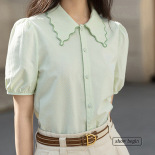 豆绿色花边领棉麻衬衫女短袖设计感小众上衣2023夏装气质职业衬衣