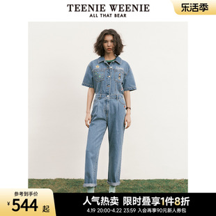 TeenieWeenie小熊棉质半袖连体牛仔长裤直筒韩版复古女装裤装