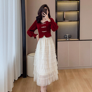 法式红色连衣裙秋冬小个子女装订婚礼裙平时可穿回门服新娘敬酒服