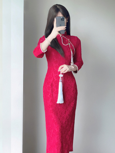红色雪尼尔蕾丝旗袍，2023新中式改良新娘，敬酒服订婚结婚连衣裙