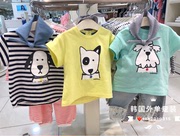 韩国帅气男童童装夏装女宝宝，纯棉黄色绿色条纹，短袖t恤衫+围巾