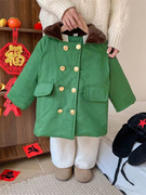 儿童冬装加棉加厚中长款军，绿色军大衣，男女童复古保暖加绒棉衣外套