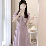 紫色连衣裙女夏季小个子高级感荷叶，边法式v领收腰显瘦仙女裙