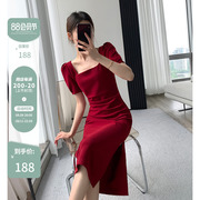 FT GUOGE红色连衣裙女2023夏方领高级收腰显瘦法式敬酒订婚裙