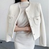 韩国chic早春法式小众气质小个子金属扣圆领修身短款毛呢外套