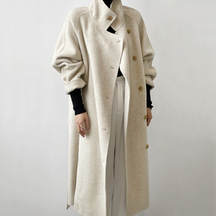 韩版立领高端长毛双面，羊绒大衣女宽松中长款羊毛呢外套秋冬季