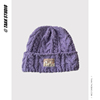 紫色兔子布标麻花毛线帽，子女秋冬天日系大头围，针织帽保暖护耳冷帽