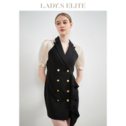 LadySElite/慕裁 黑色泡泡袖性感法式收腰气质双排扣短袖连衣裙