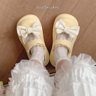 细细条日系奶黄色可爱蝴蝶结，凉鞋女夏季学生，外穿甜美两穿凉拖鞋