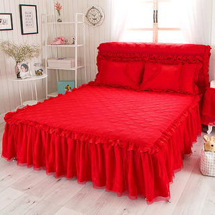 韩版公主夹棉床裙单件大红裙式床单床罩加厚防滑床套秋冬季保护套