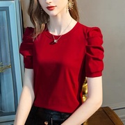 红色短袖t恤女夏2024设计感小众复古宫廷，褶皱公主泡泡袖上衣