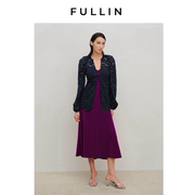 FULLIN 紫色勾边墨绿蕾丝泡泡袖羊腿袖圆领修身外套复古蕾丝上衣