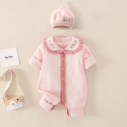 婴儿衣服春秋连体毛衣女宝宝满月公主服可爱粉色网红爬服套装纯棉