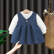女童春装套装2023宝宝长袖T恤1-3岁儿童牛仔背带裙洋气两件套