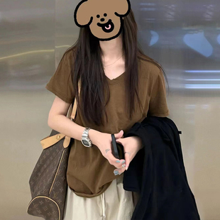 美式复古正肩V领纯色短袖T恤女夏港味chic宽松显瘦半袖体恤上衣服