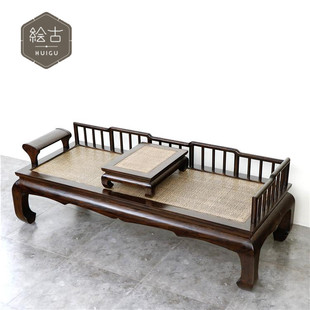 新中式老榆木罗汉床藤席双人沙发椅实木贵妃榻现代仿古客厅家具
