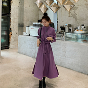 紫色大码连衣裙女长袖2023春秋，中长款高端名媛，气质女神范长裙(范长裙)