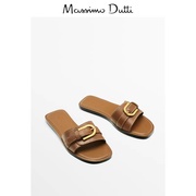 Massimo Duti女鞋 2023夏季皮带扣装饰棕色皮革简约平底凉鞋