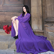 三观紫色V领灯笼袖大摆型连衣裙女夏2023法式复古雪纺长裙子