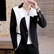 黑白拼色西服男士春秋季潮流韩版个性设计感帅气修身小西服外套夏