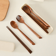 白屿原木餐具盒切面楠木三件套叉勺筷套装餐具，套装便携餐具带饭
