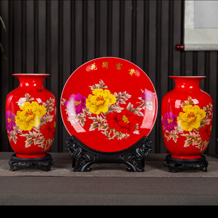 景德镇陶瓷工艺品三件套花瓶，装饰客厅酒柜电视柜摆件，博古架插花器