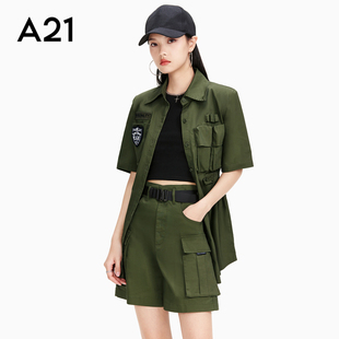 a21女装工装衬衫潮酷短袖外穿夏季中袖设计感中长款上衣