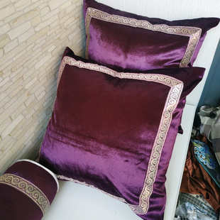 轻奢刺绣花边紫色金丝绒沙发靠垫现代中式床头抱枕糖果枕汽车腰靠