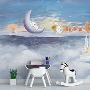 北欧儿童房墙布可爱兔子电视背景，墙纸客厅沙发墙壁纸卡通月亮壁布