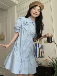 小清新甜美减龄立体花朵POLO领连衣裙女韩版显瘦设计感衬衫A字裙