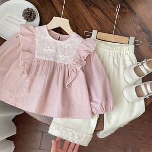 女童娃娃衫上衣韩版春秋，纯棉女宝宝，小童粉色公主蕾丝飞袖衬衫