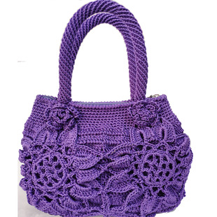 紫罗兰镂空花手提包 手工钩针毛线编织订制民族风国潮针织包包