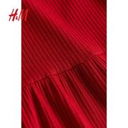 HM童装女童连衣裙2023冬季红色洋气宽松罗纹长袖短裙1026706