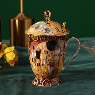 奢华欧式骨瓷马克水杯家用时尚陶瓷杯子办公室咖啡茶杯带盖勺礼物