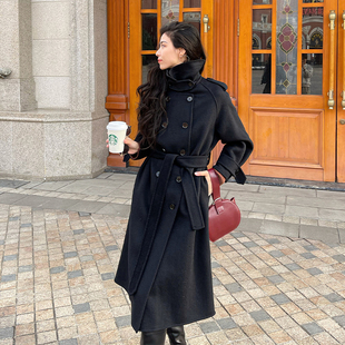 「伦敦的爱」黑色中长款立领，羊绒大衣女2023保暖显瘦双面呢大衣