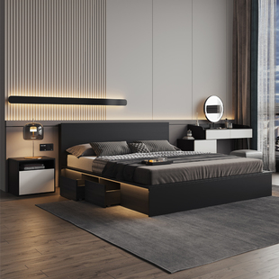 现代简约高箱床北欧轻奢1.8米双人床，主卧婚床大床板式气动储物床